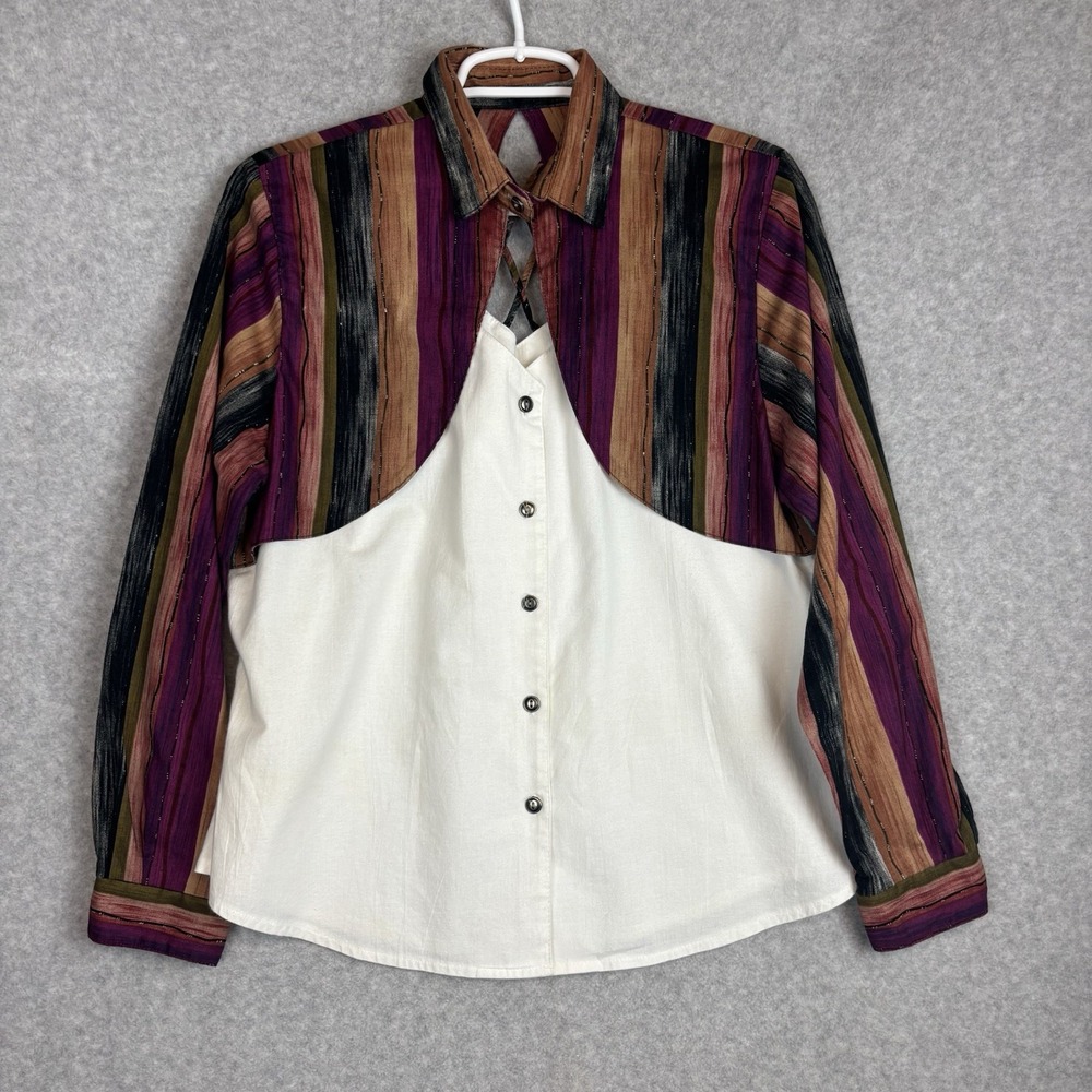 VTG Roughrider Women Western Button Shirt Sz Lg Colorful Cut Out Crisscross Back